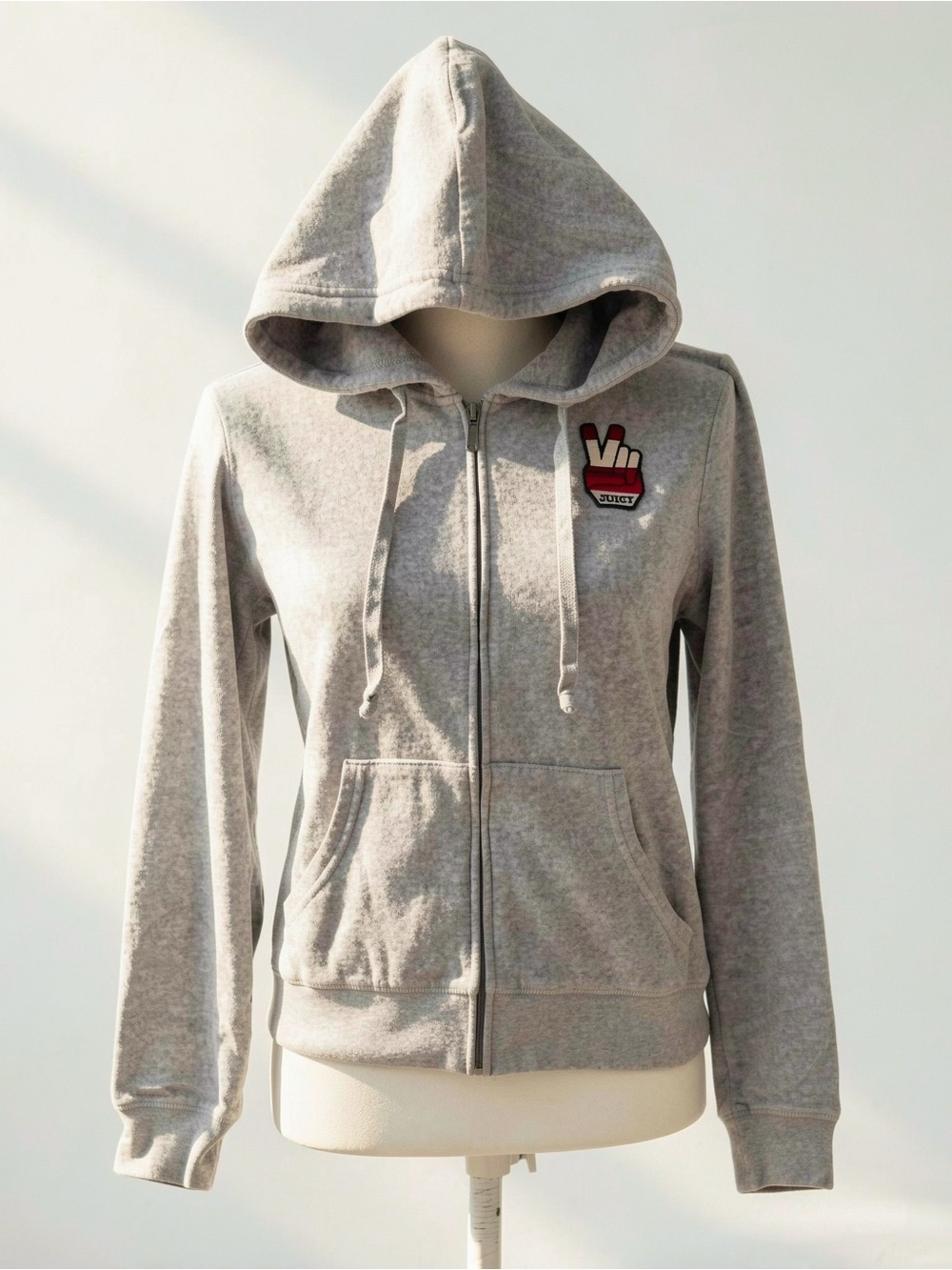 Y2K 2000s style Juicy Couture gray zip up jacket with red hand graphic